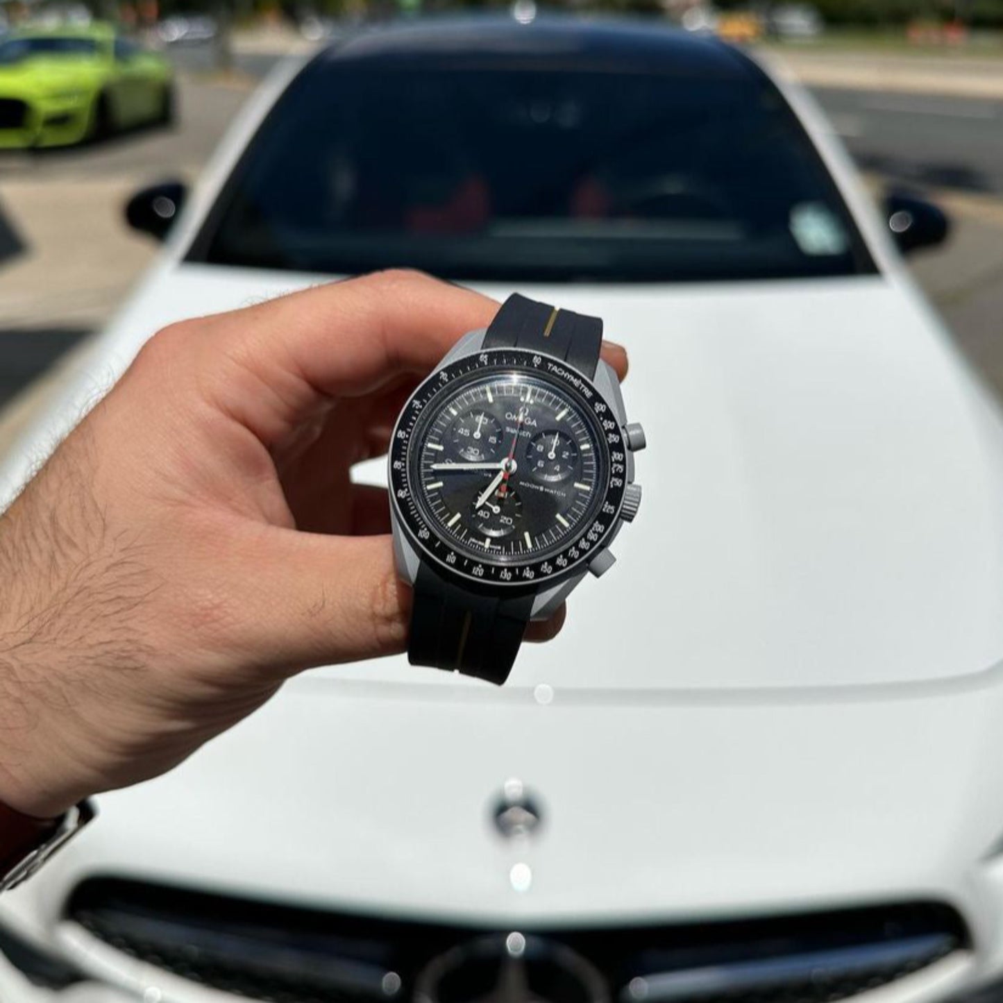 BLACK GOLD ACCENT - RUBBER WATCH STRAP for OMEGA X SWATCH SPEEDMASTER MOONSHINE GOLD MOONSWATCH