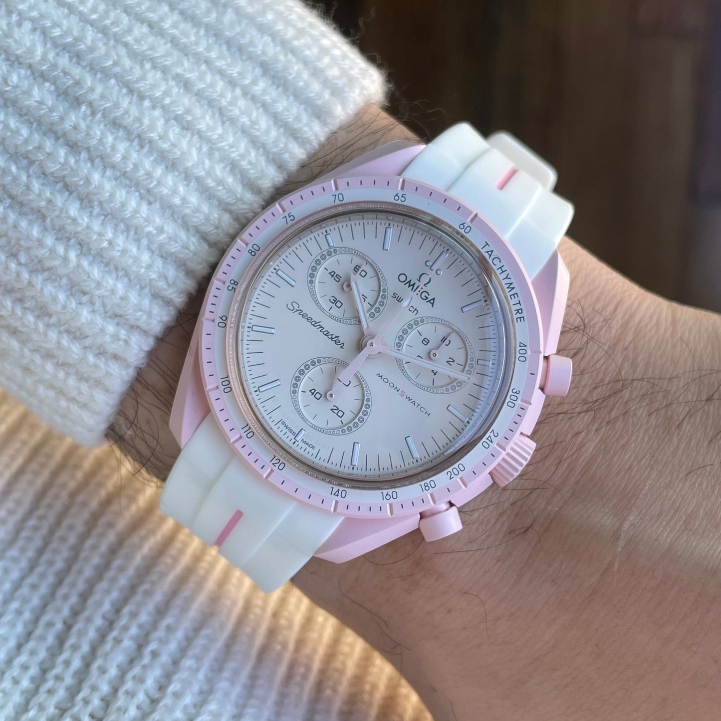 WHITE PINK ACCENT - RUBBER WATCH STRAP for OMEGA X SWATCH SPEEDMASTER MOONSWATCH