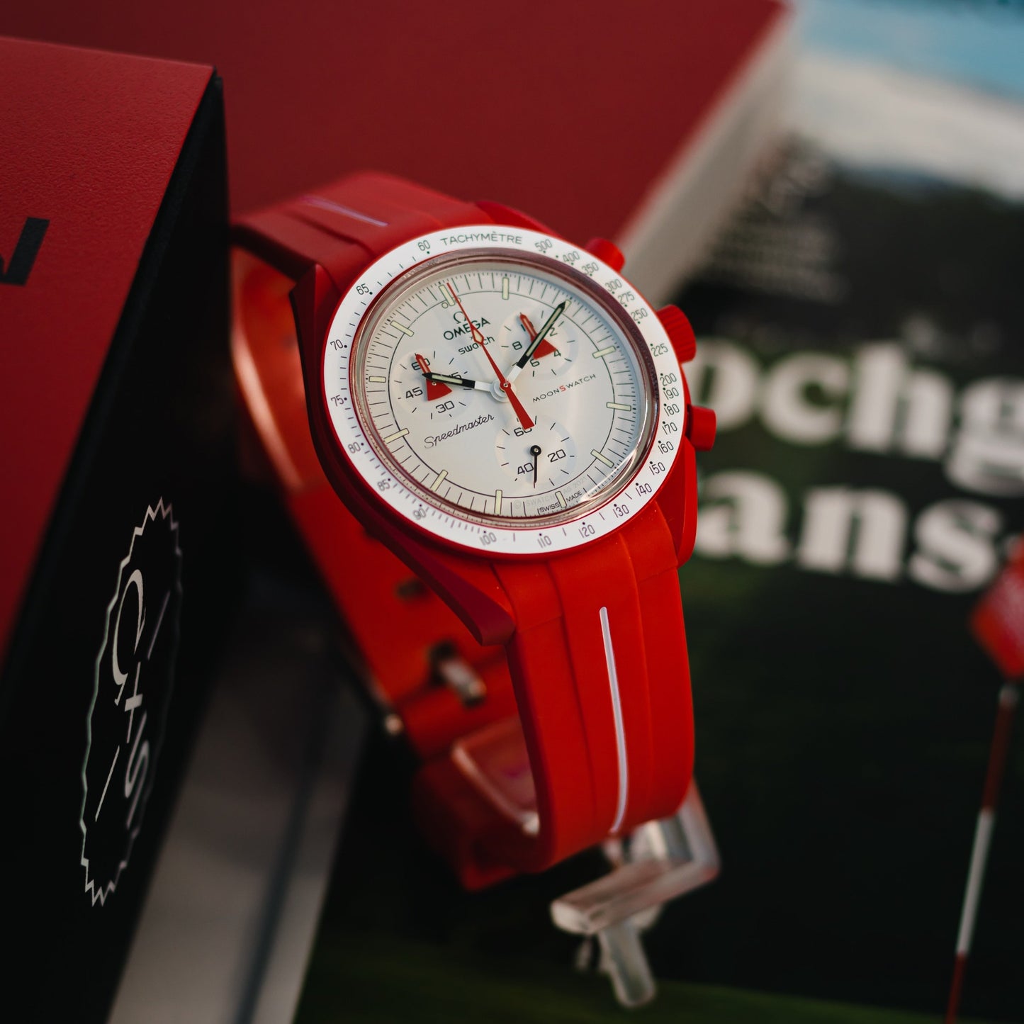 ACCENT ROUGE - BRACELET DE MONTRE EN CAOUTCHOUC pour OMEGA X SWATCH SPEEDMASTER MOONSWATCH
