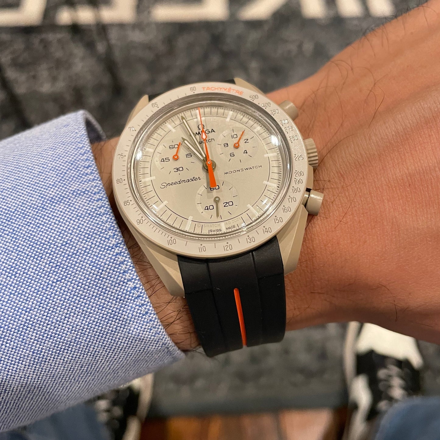 BLACK ORANGE ACCENT - RUBBER WATCH STRAP for OMEGA X SWATCH SPEEDMASTER MOONSWATCH