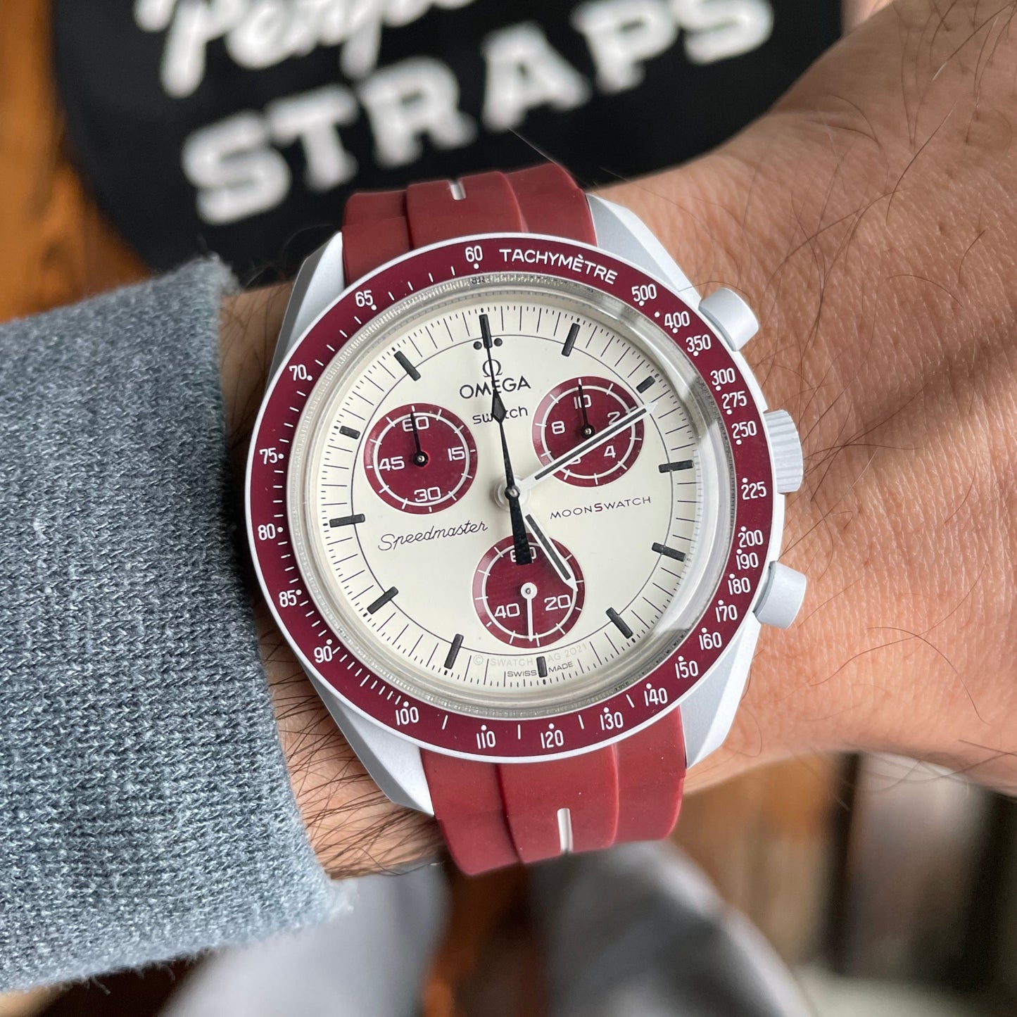 ACCENT BORDEAUX - BRACELET DE MONTRE EN CAOUTCHOUC pour OMEGA X SWATCH SPEEDMASTER MOONSWATCH