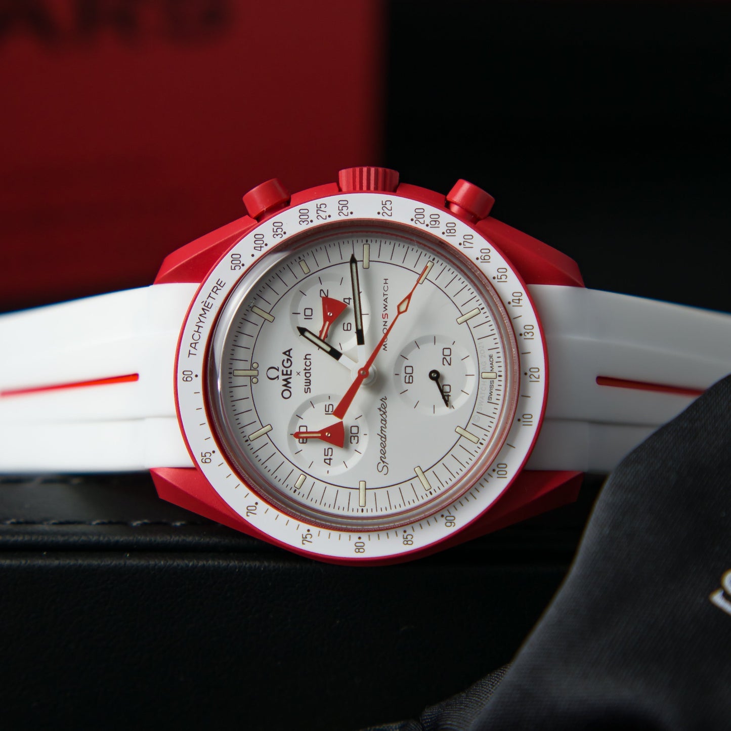 WHITE RED ACCENT - RUBBER WATCH STRAP for OMEGA X SWATCH SPEEDMASTER MOONSWATCH