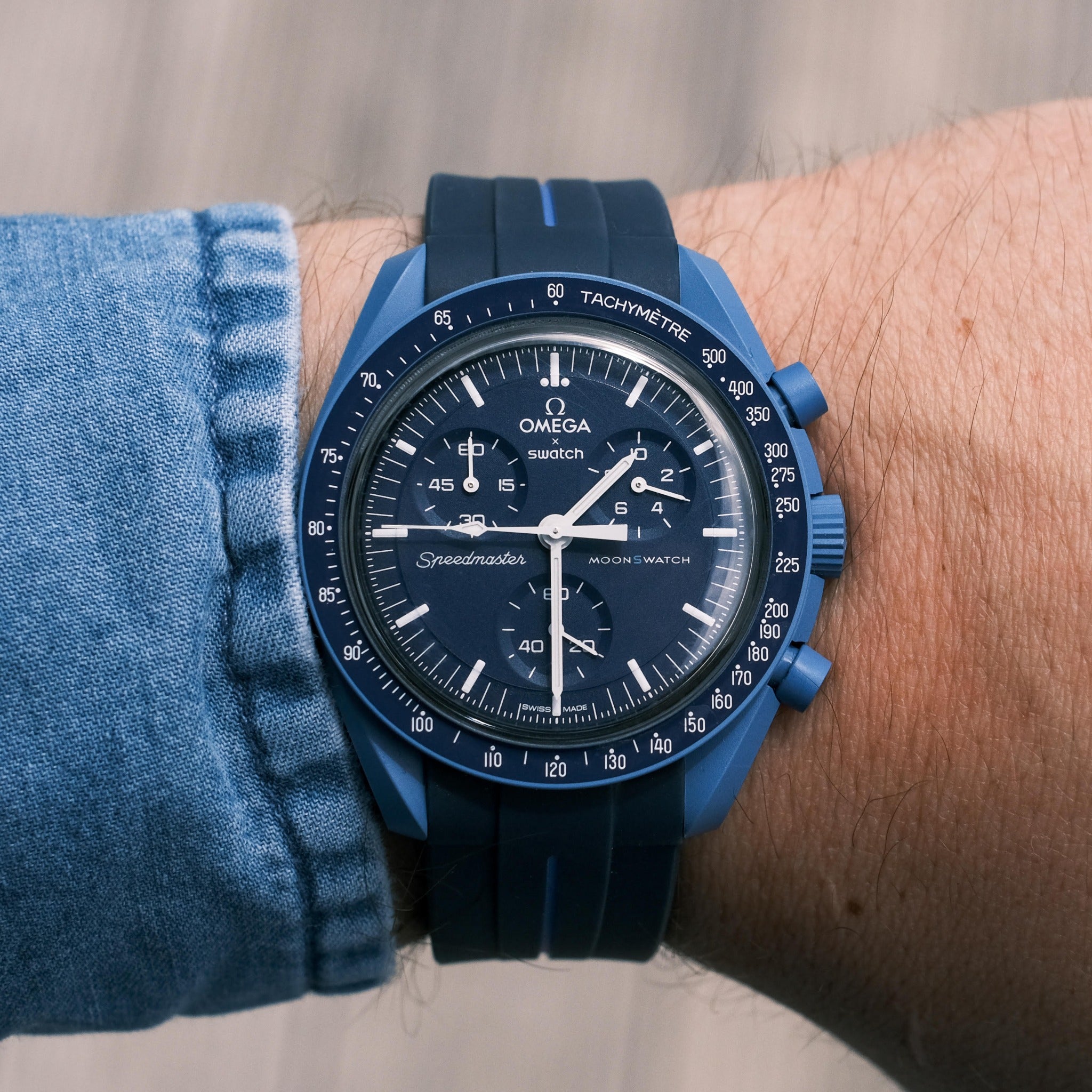 NAVY BLUE ACCENT RUBBER WATCH STRAP for OMEGA X SWATCH SPEEDMASTER MOONSWATCH