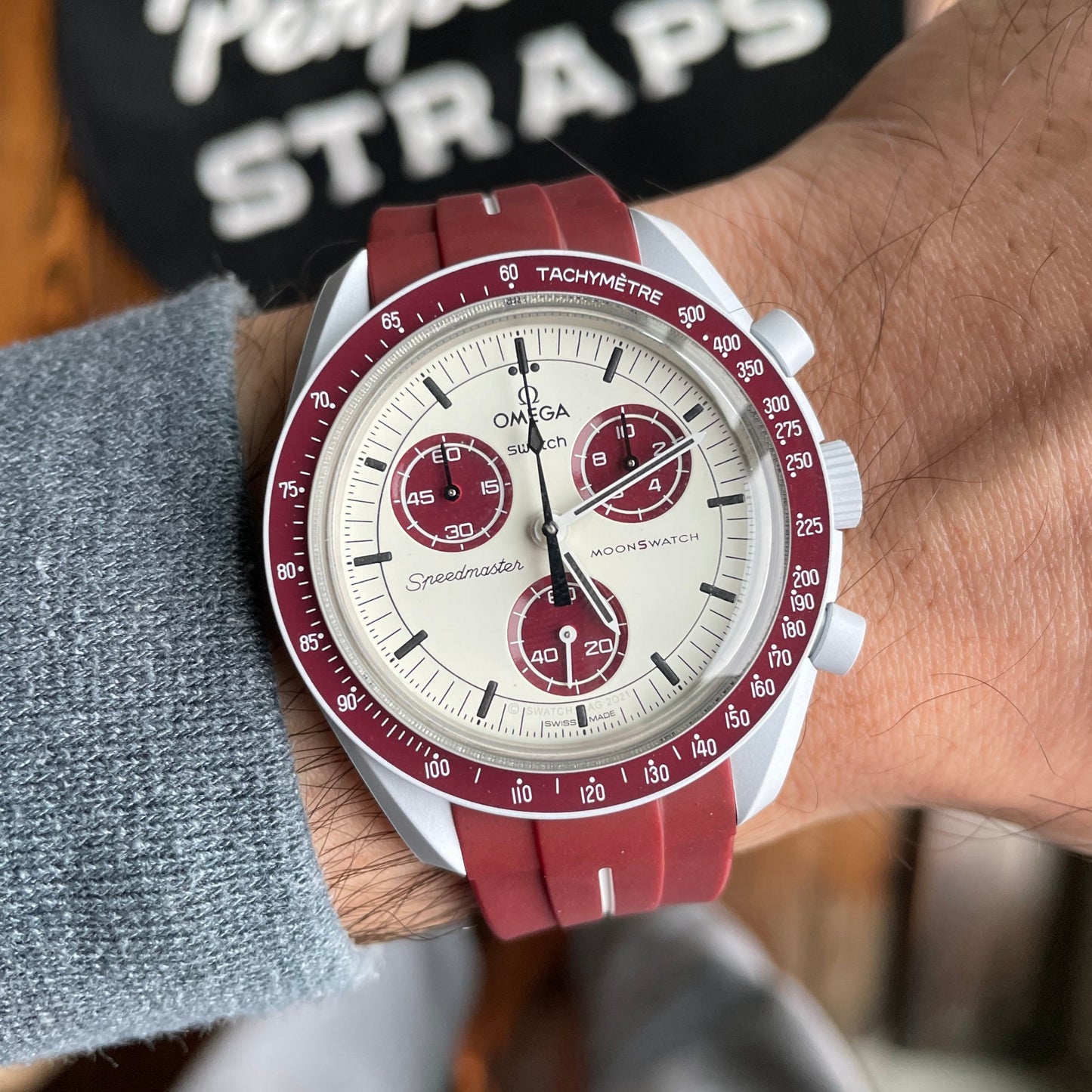 BURGUNDY ACCENT - RUBBER WATCH STRAP for OMEGA X SWATCH SPEEDMASTER MOONSWATCH